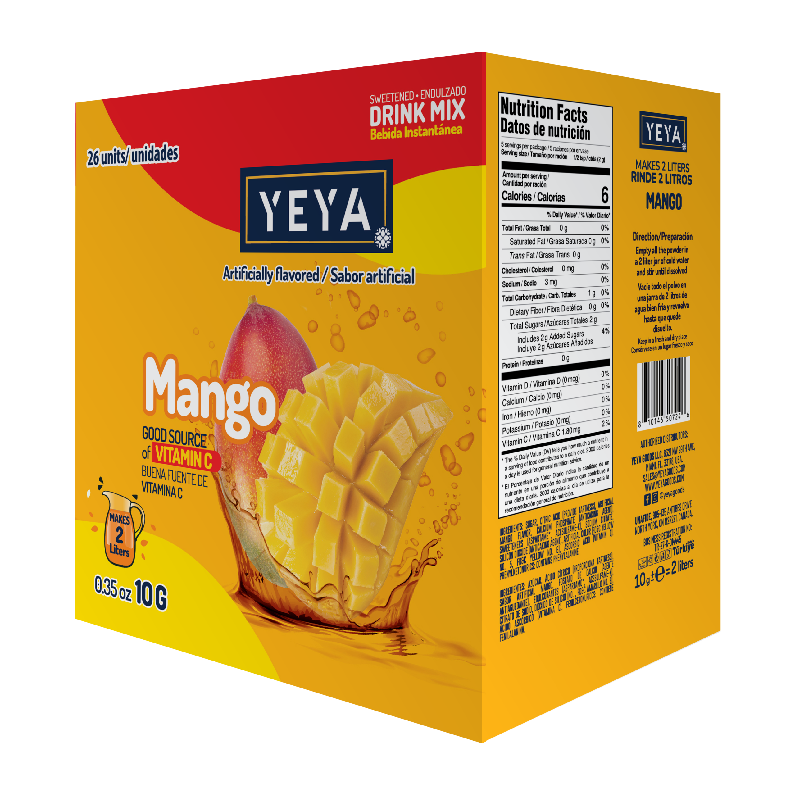 mockup-x26-mango-back Refresco Instantáneo Sabor Mango | YEYA | Caja de 26 unidades de 10g - Imagen 1