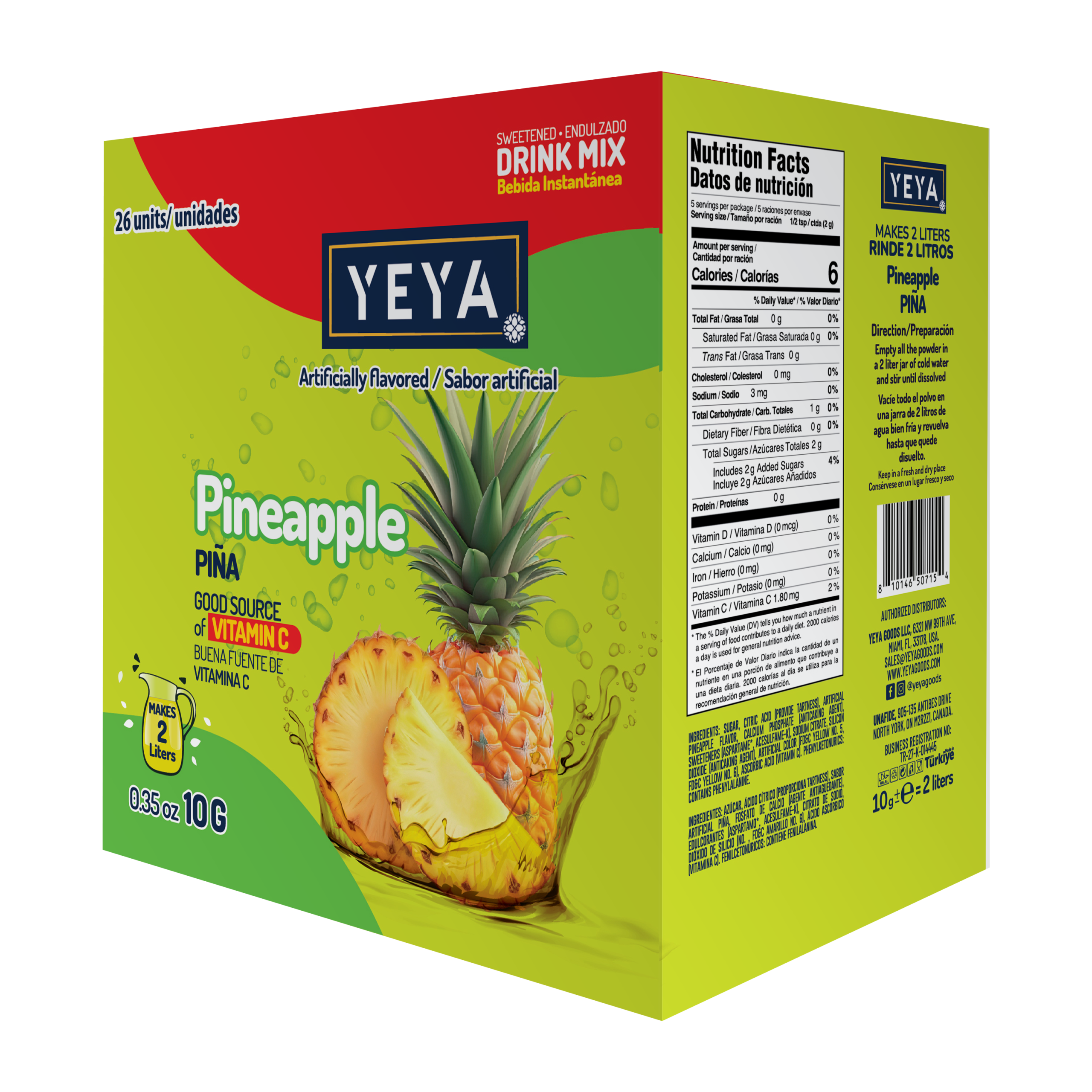 mockup-x26-piña-back Refresco Instantáneo Sabor Piña | YEYA | Caja de 26 unidades de 10g - Imagen 1